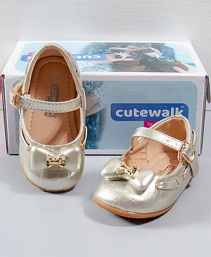 Cute Walk by Babyhug Party Wear Belly Shoes Bow Applique - Silver Golden