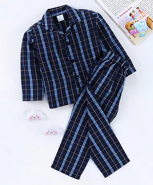 Right Sleep Full Sleeves Checkered Night Suit - Navy Blue