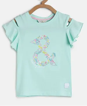 Tales & Stories Short Sleeves Flower Design Top - Blue