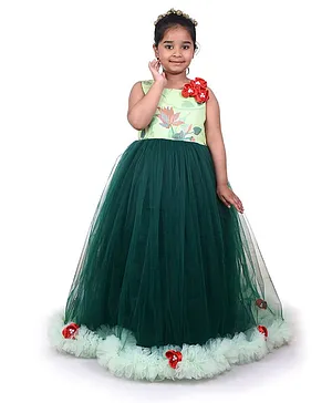 Indian Tutu Sleeveless Sequin Flower Print Fit & Flare Netted Gown - Green