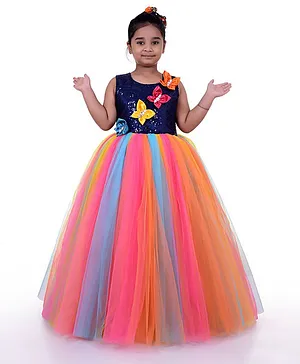 Indian Tutu Sleeveless Handmade Butterfly Embellished Sequined Flared Gown - Multi Color