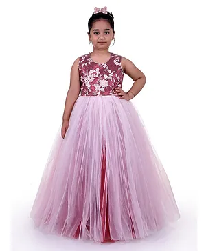 Indian Tutu Sleeveless Floral Lace Yoke Fit & Flare Gown - Maroon