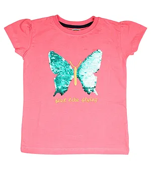 Lil Lollipop Sequin Butterfly Cap Sleeves Top - Pink