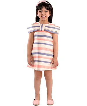 KIDSDEW Short Sleeves Big Bow Design Striped Dress - Multi Colour