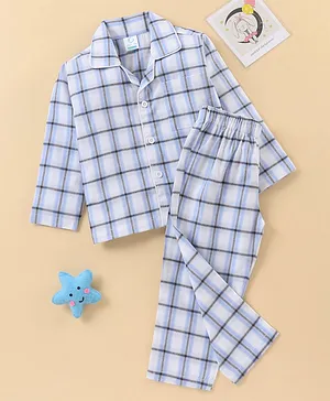 Right Sleep Full Sleeves Checkered Night Suit - White & Blue