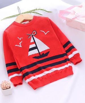 Simply Full Sleeves Sweater Boat Design - Red