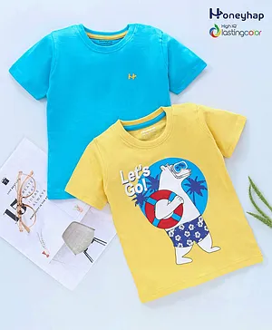 Honeyhap 100%Cotton Half Sleeves Tees With High IQ Long Lasting Colours Pack of 2 - Blue Yellow