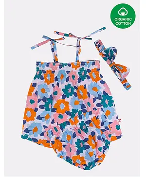 Nino Bambino 100% Organic Cotton Sleeveless Flower Print Dress With Headband & Bloomers - Multi Color