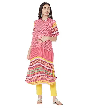 MOM'S BEE Half Sleeves Maternity Checked Dress - Pink