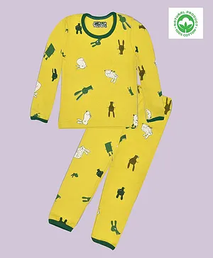 Kiwi 100% Cotton Rabbit Print Full Sleeves Night Suit - Yellow