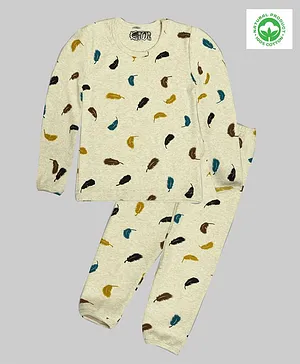 Kiwi 100% Cotton Leaves Printed Full Sleeves Night Suit - Cream