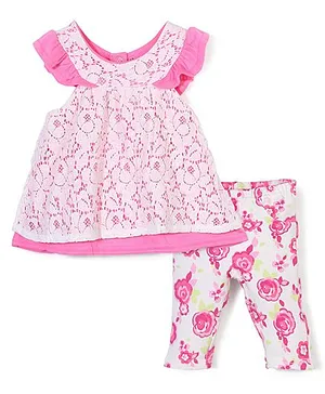Nannette Floral Print Dress & Legging Set - White & Pink