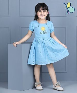 Hola Bonita Half Sleeves Embroidered Chifli Frock  - Blue