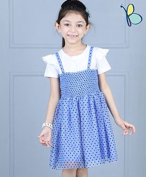 Hola Bonita Mesh Smocked Frock with Half Sleeves Inner Tee Polka Dot Print - Blue