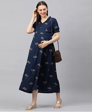 MomToBe Half Sleeves Floral Print Maternity Dress - Navy Blue