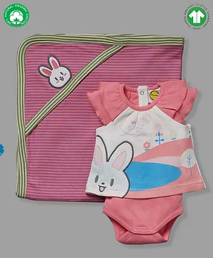Pranava Organic Cotton Short Sleeves Bunny Applique Onesie With Blanket Set - Pink