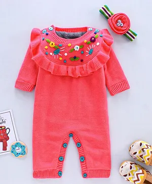 Yellow Apple Full Sleeves Full Length Winter Wear Romper With Hairband Solid Print - Pink