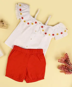 Kicks & Crawl Flower Embroidery Short Sleeves Off Shoulder Top & Shorts Set - Red & White