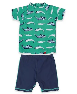 LilSoft  Raglan Half Sleeves Shark Printed Two Piece Swimsuit - Sea Green & Blue