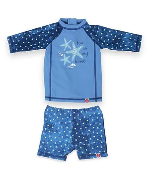 LilSoft Raglan Full Sleeves Stars Printed Two Piece Swimsuit - Blue