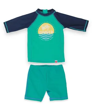LilSoft Raglan Full Sleeves Hello To Summer Printed Two Piece Swimsuit - Sea Green