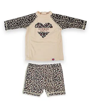 LilSoft Raglan Full Sleeves leopard Print Detailing Two Piece Swimsuit - Beige