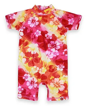 LilSoft Half Sleeves Floral Print Swimsuit - Pink
