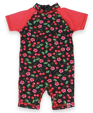 LilSoft Half Raglan Sleeves Flower Print Swimsuit - Black