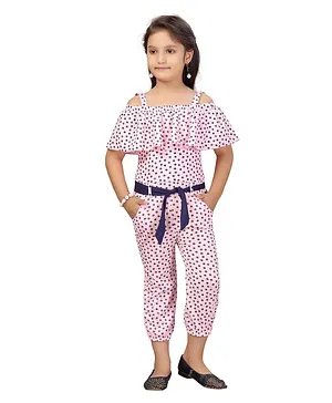 Aarika Short Sleeves Cold Shoulder Polka Dotted Jumpsuit - Pink