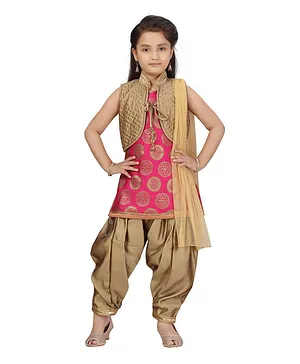 Aarika Sleeveless Self Design Kurta With Patiala & Jacket With Dupatta - Pink & Gold
