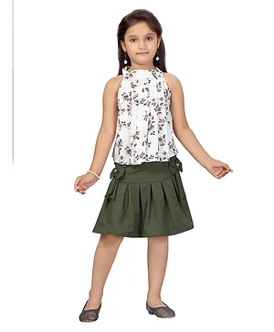 Aarika Sleeveless Flower Print Top With Pleated Skirt - Green