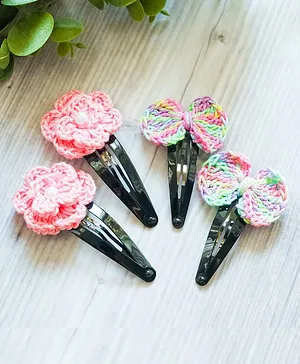 Bobbles & Scallops Crochet Rose & Bow Snap Clip Set of 4 - Light Pink & Multi Colour