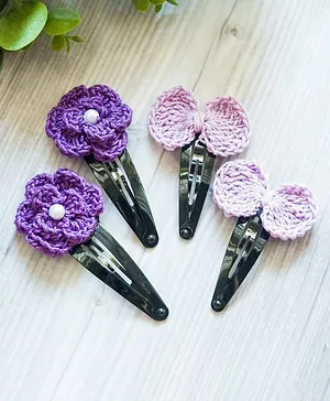 Bobbles & Scallops Crochet Rose & Bow Snap Clip Set of 4 -  Dark Purple & Light Purple