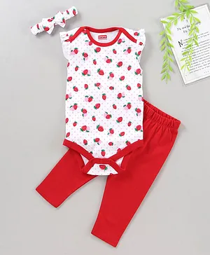 Babyhug 100% Cotton Cap Sleeves Onesie & Leggings With Headband Strawberry Print - White Red