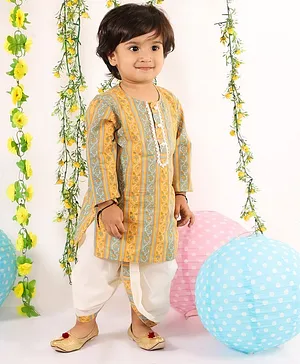 Little Bansi Full Sleeves Jaipuri Print Kurta With Dhoti - Yellow