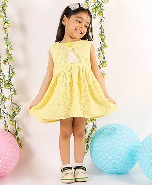 Little Bansi Sleeveless Schiffili Dress With Lining And Tussel Work - Yellow