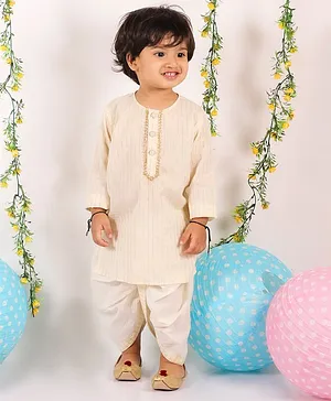 Little Bansi Full Sleeves Golden Trimmed Kurta With Pearl Buttons & Dhoti Set - Cream