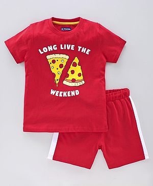 Pine Kids Half Sleeves Bio Washed T-Shirt & Shorts Set Pizza Print - Red