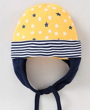 Babyhug 100% Cotton Tie Knot Cap Star Print Yellow - Diameter 10 cm
