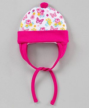 Babyhug 100%Cotton Cap With Tie Knot Style Floral & Butterfly Print  Pink  - Diameter 9.5 cm