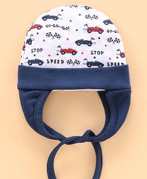 Babyhug 100%Cotton Cap With Tie Knot Style Car Print Blue  - Diameter 10 cm