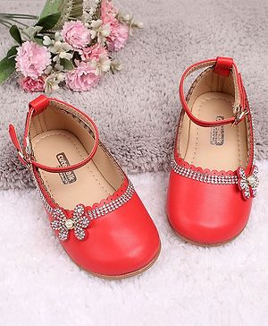 Cute Walk by Babyhug Party Wear Belly Shoes Studded Floral Detailing - Red