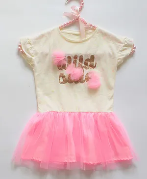 Many Frocks & Cap Sleeves Shimmery Wild Sale Print Net Dress - Pink & Cream