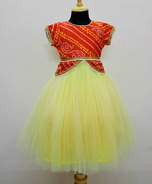 Many Frocks & Short Sleeves Bandhani Ethnic Party Gown - Yellow & Orange