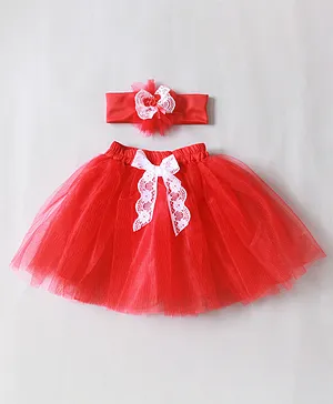 Many Frocks & Solid Tutu Skirt With Headband - Red