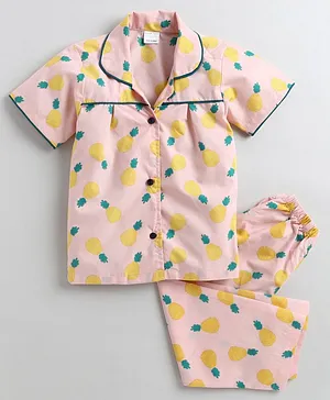 Polka Tots Half Sleeves Pineapple Print Night Suit - Pink