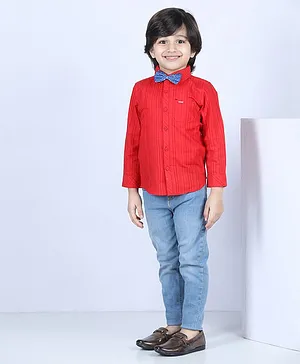 Babyoye Party Wear Cotton Full Sleeves Stripe Shirt With Bow - Red Blue