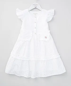 Angel & Rocket Short Sleeves Flower Embroidery Tiered Dress - White