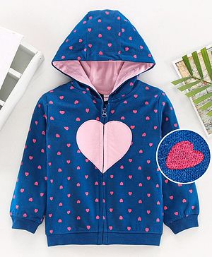 Babyhug Full Sleeves Sweat Jacket Hearts Print  - Blue