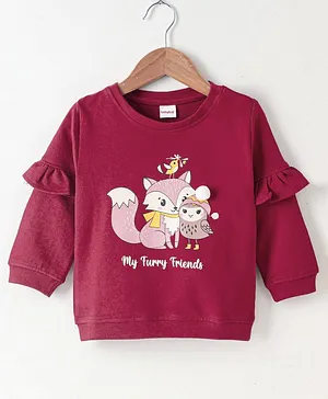 Babyhug Full Sleeves Sweatshirt With Frill Detailing Kitty Graphic - Red